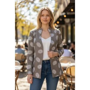 Lourdes Chavez Silk Cotton Floral Dandelion Open Front Jacket Brown Taupe Sz 12